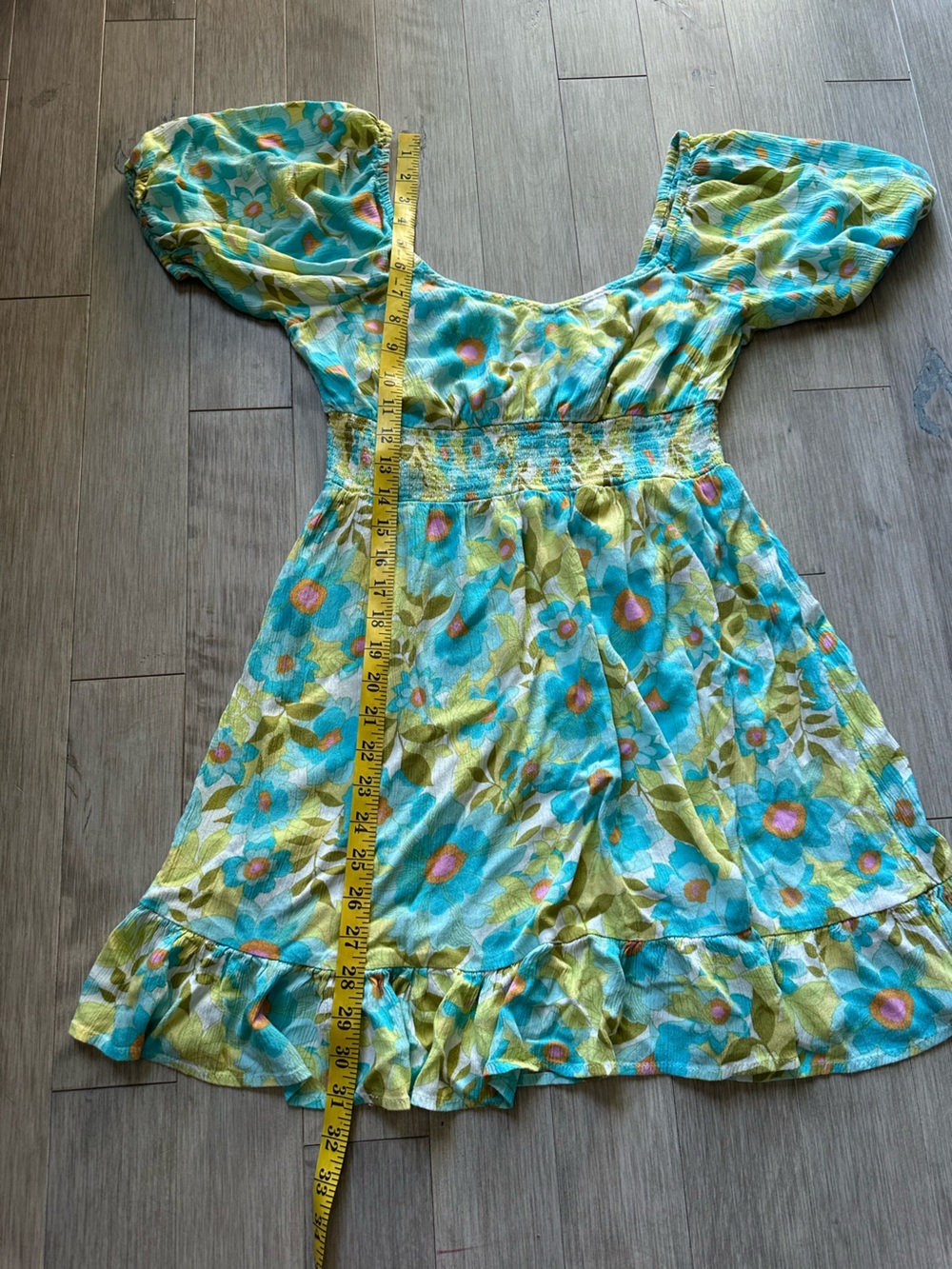 Billabong Aqua and Lime Floral Puff-Sleeve Mini Dress Y2K Style Size Large - Picture 7 of 8
